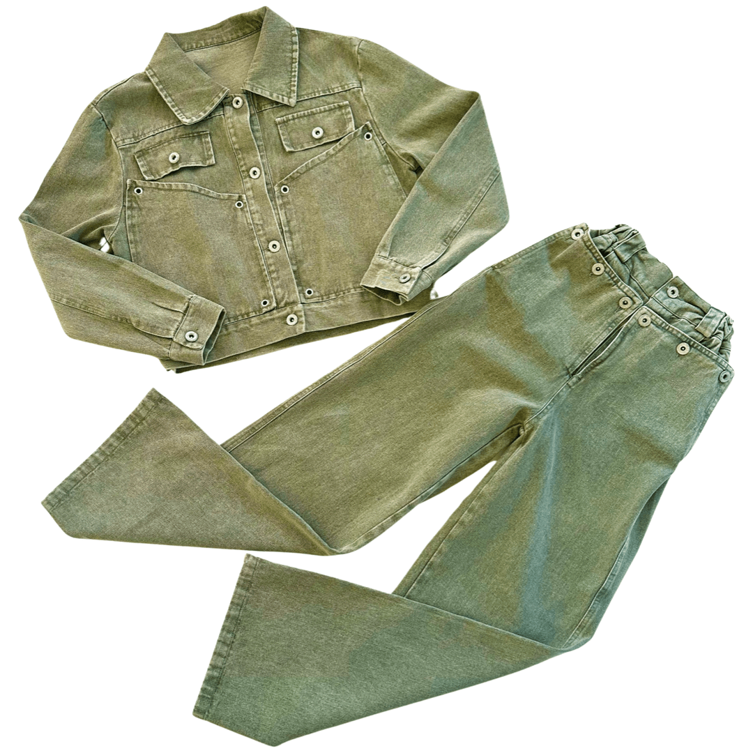Broadway Green Tinted Denim Jacket and Pants Set - Posh Tomboy