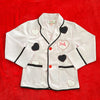 Pink Posh Love Embroidered Heart Blazer with denim heart appliqués, red buttons, and black piping.