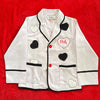 Pink Posh Love Embroidered Heart Blazer with denim heart appliqués, red buttons, and black piping.