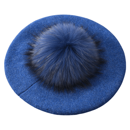 Senior Trip Blue Wool Beret With Fur Pom - Posh Tomboy