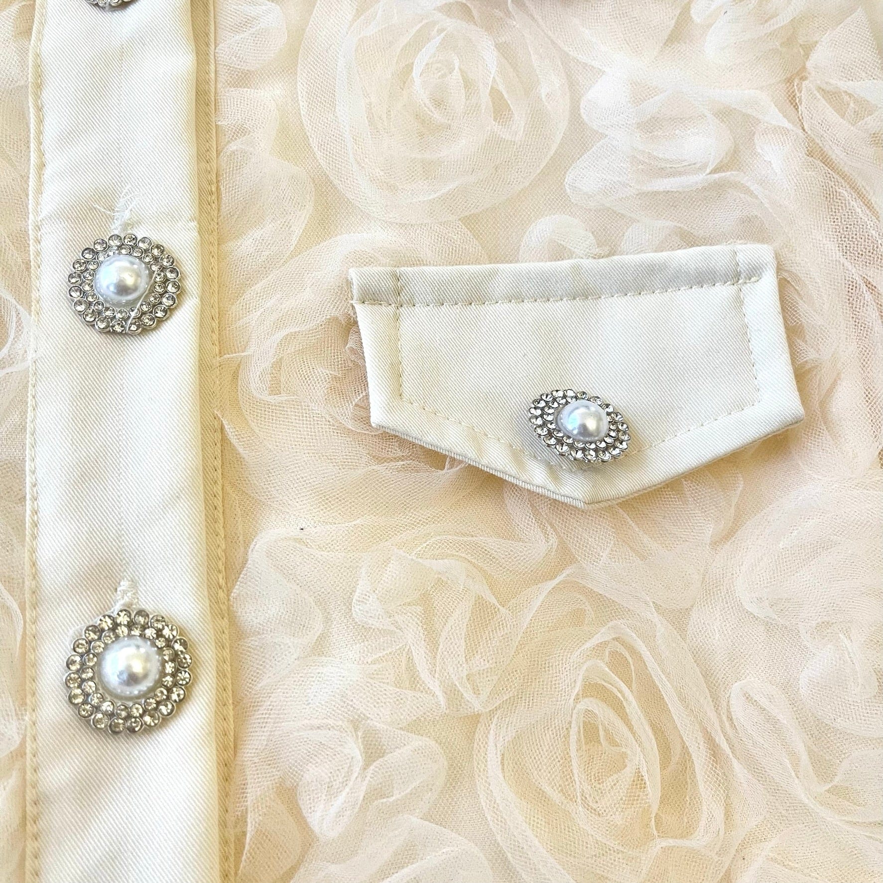 Details of the jacket from the Posh Tomboy Brunch at Tiffany's Organza Rose Skirt Set
